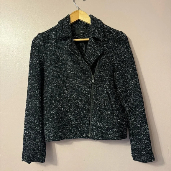 J Crew  Women Moto Boucle Tweed Jacket Black Full Zip Women Size 6 - Picture 1 of 8